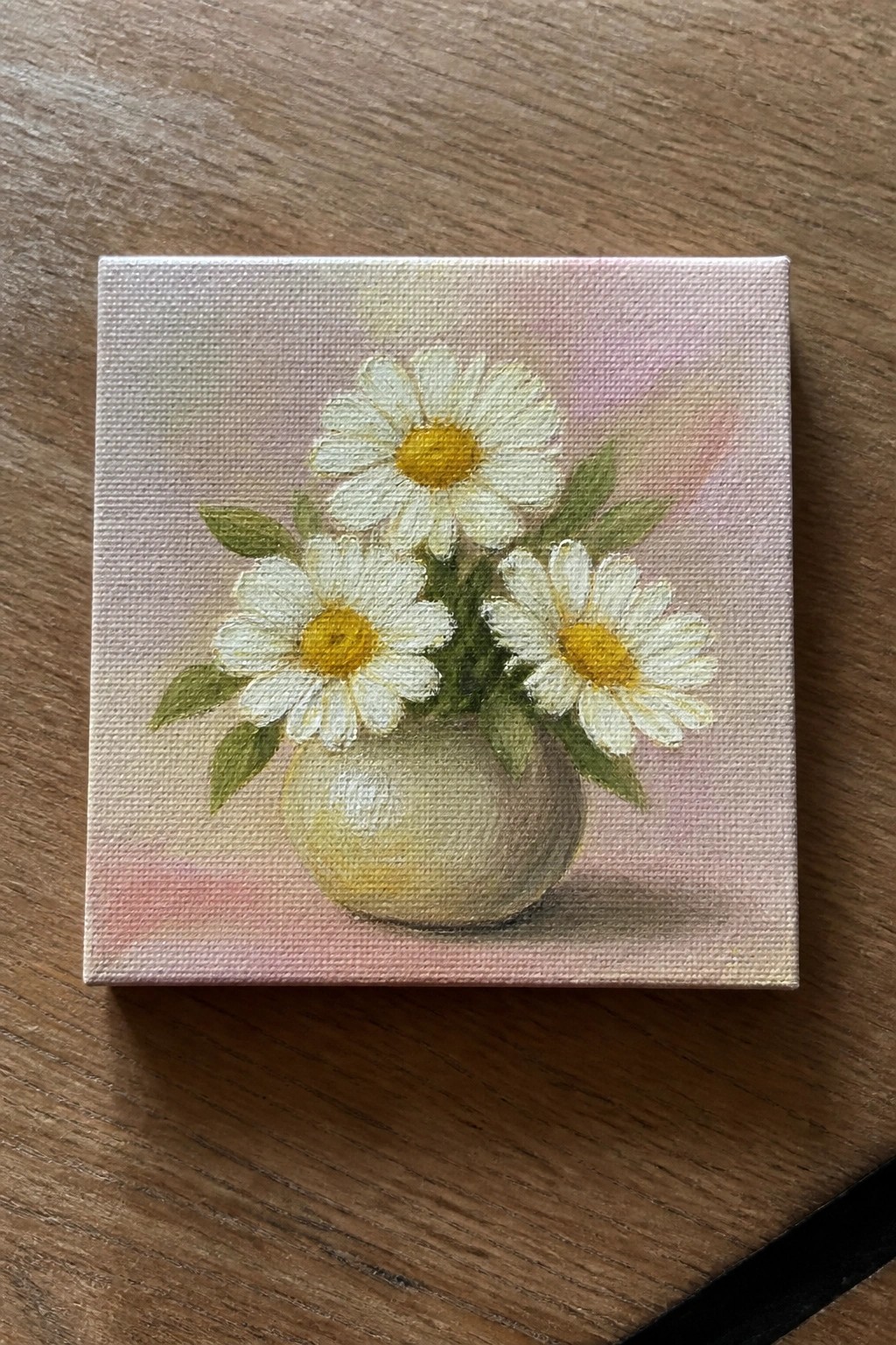 Three white daisies with yellow centers in a round vase on pink background