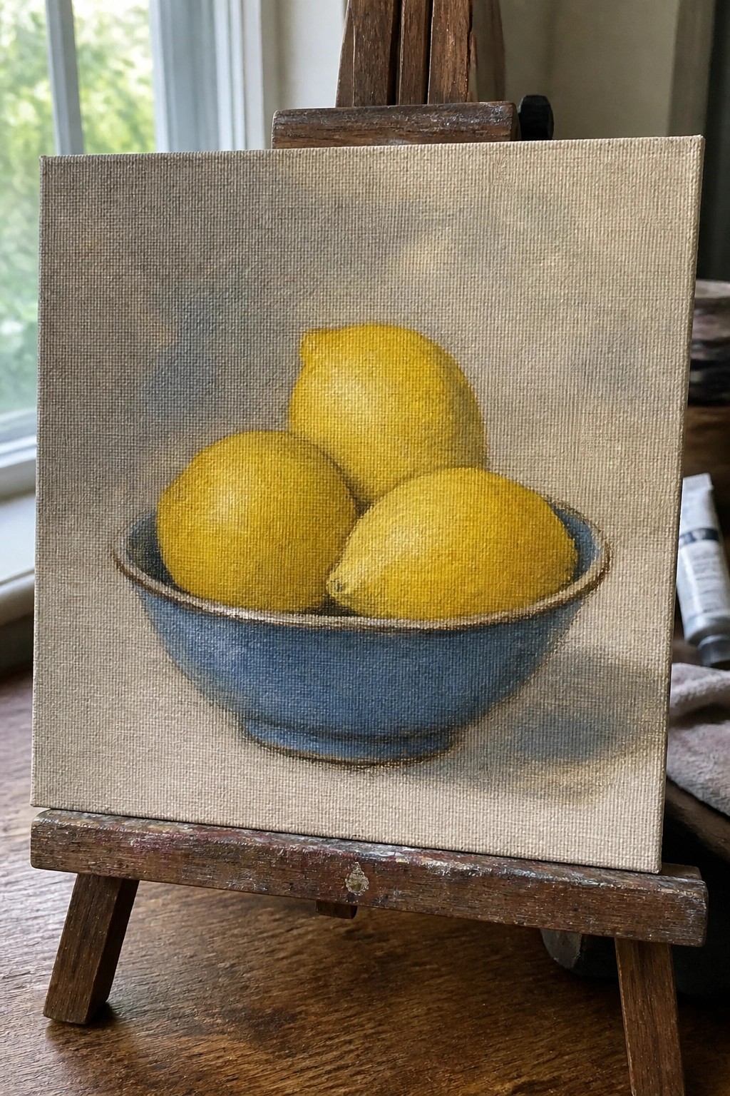 An oil painting on canvas shows three yellow lemons in a blue bowl on a wooden easel.