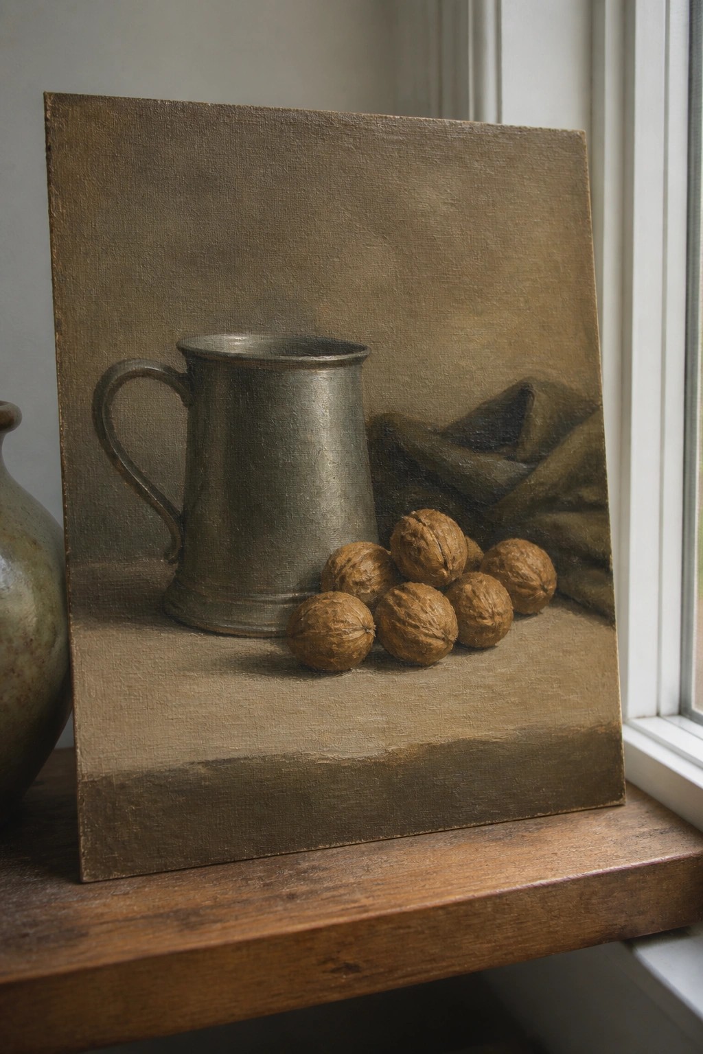 Still life oil painting of a pewter pitcher with walnuts on a wooden ledge by a window.