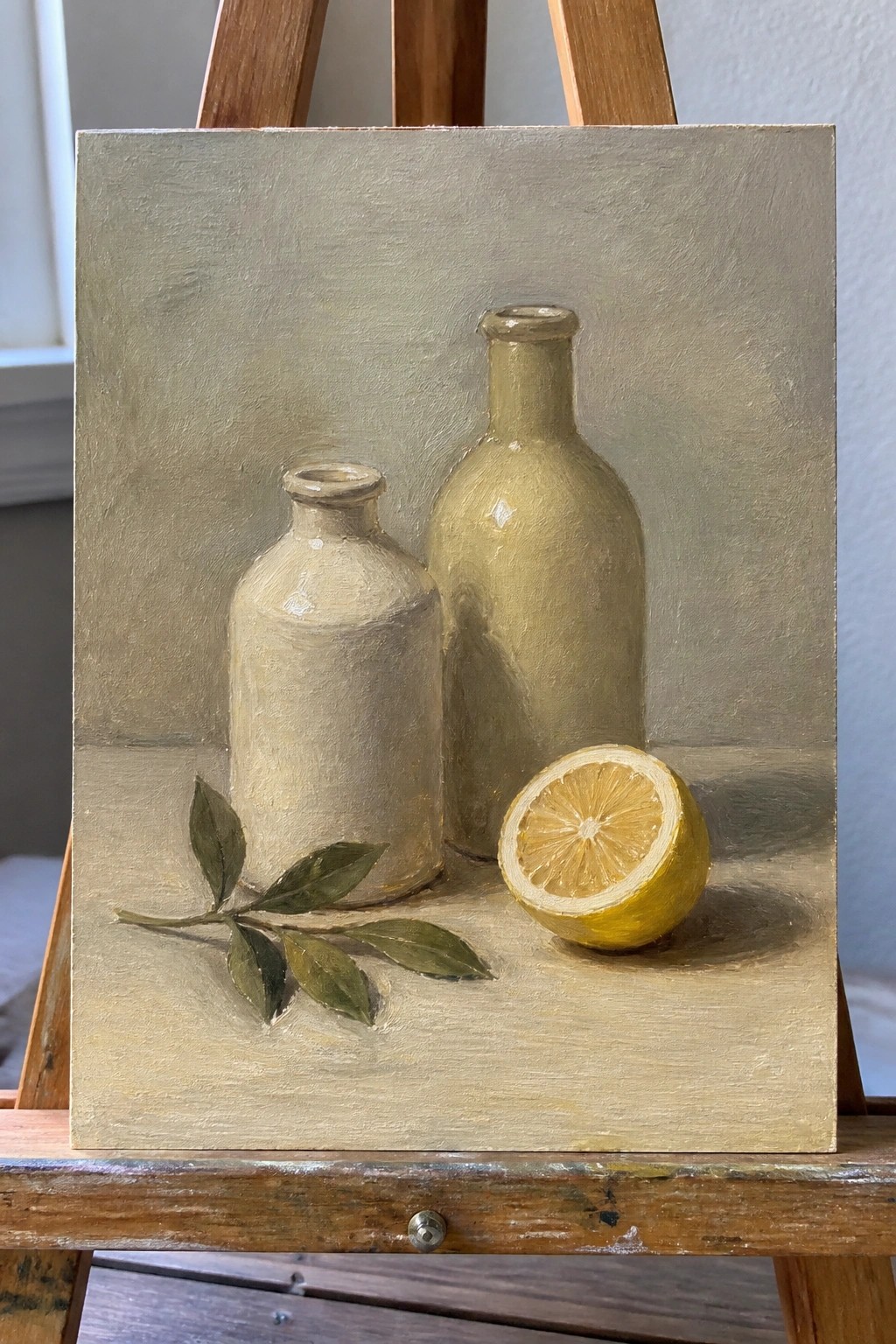 Still life painting of two bottles, halved lemon, and leafy branch on table
