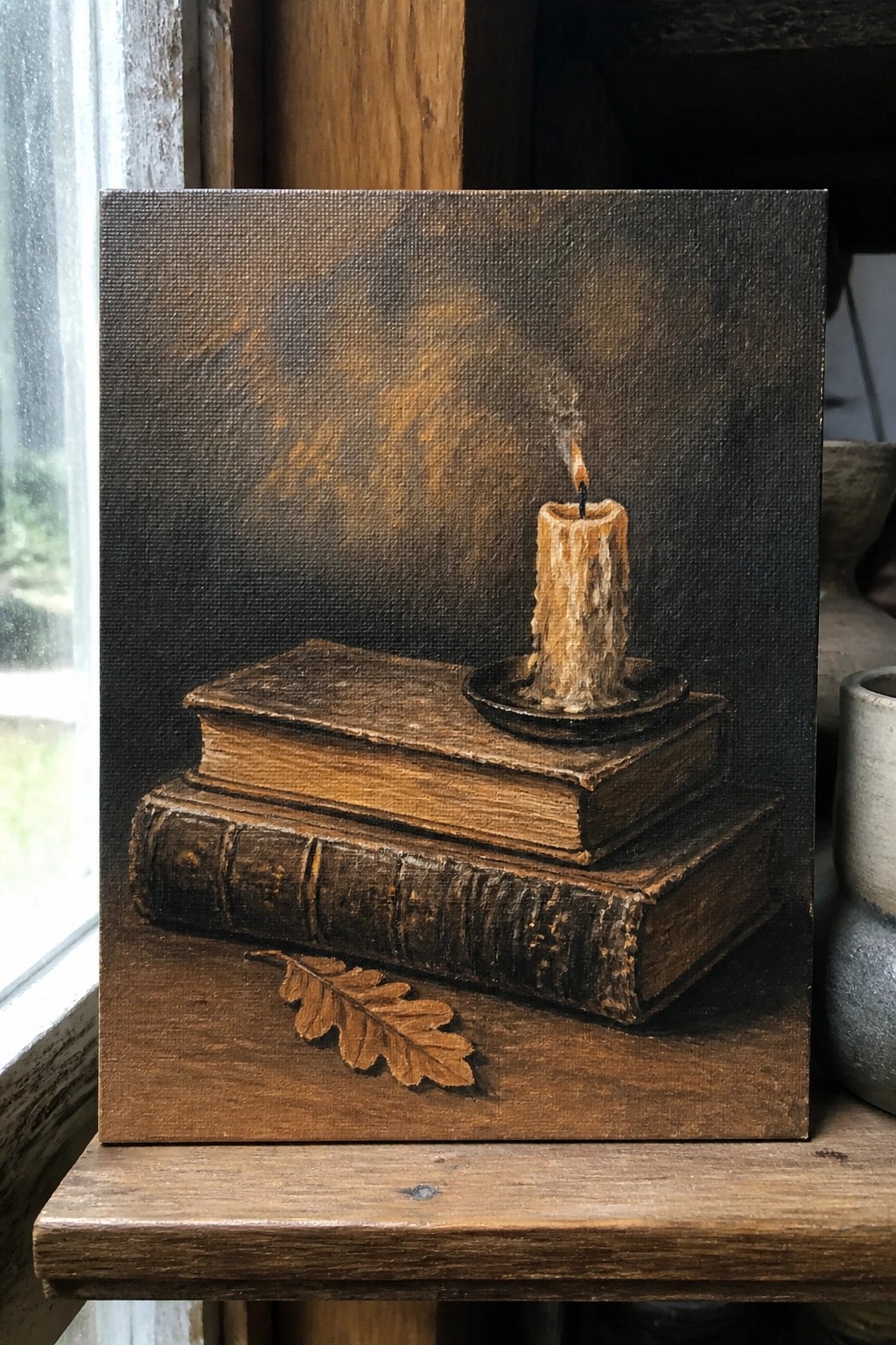 Lit candle on stacked antique books beside dried oak leaf on wood