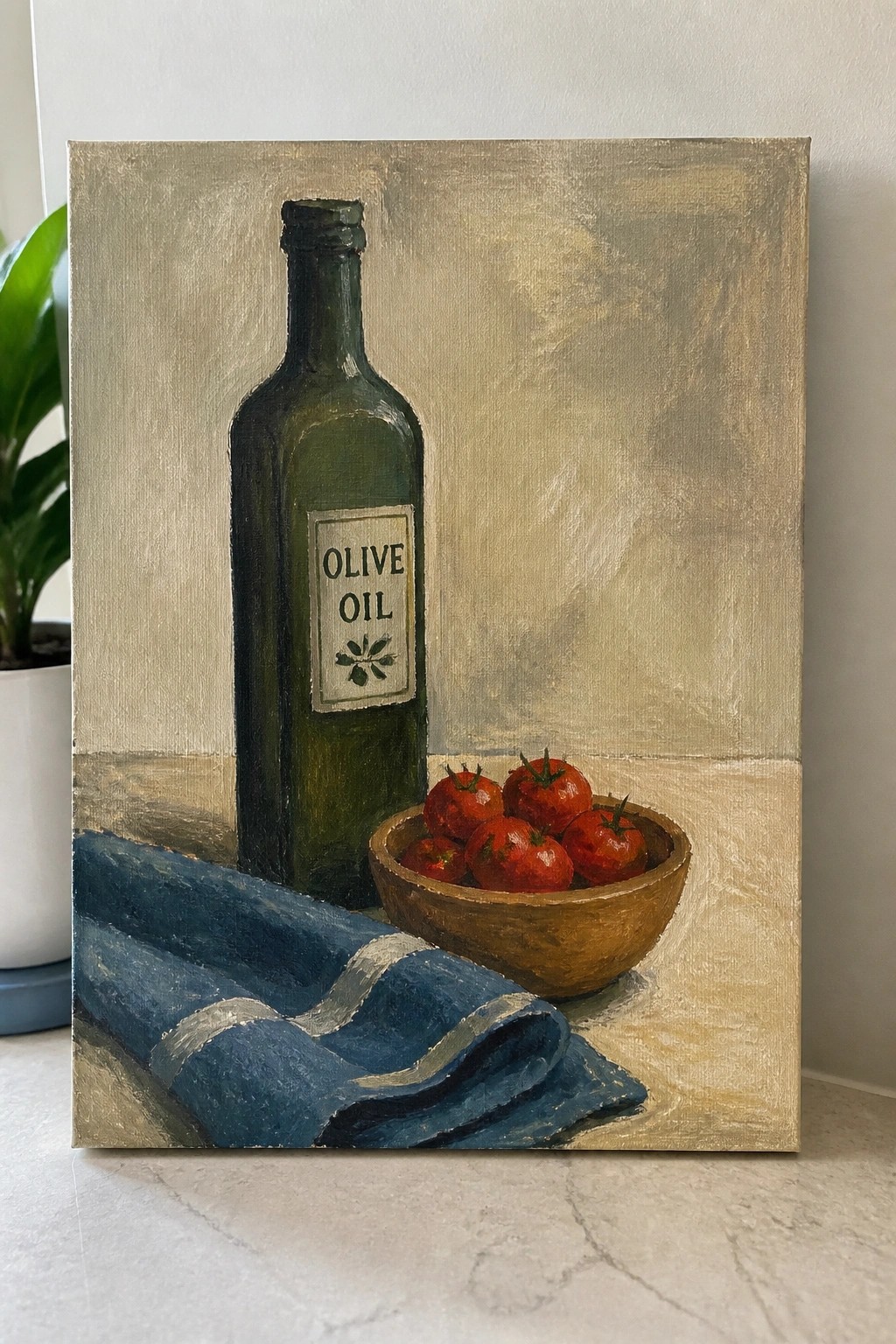 Still life painting of green olive oil bottle, tomatoes in bowl, blue striped cloth.