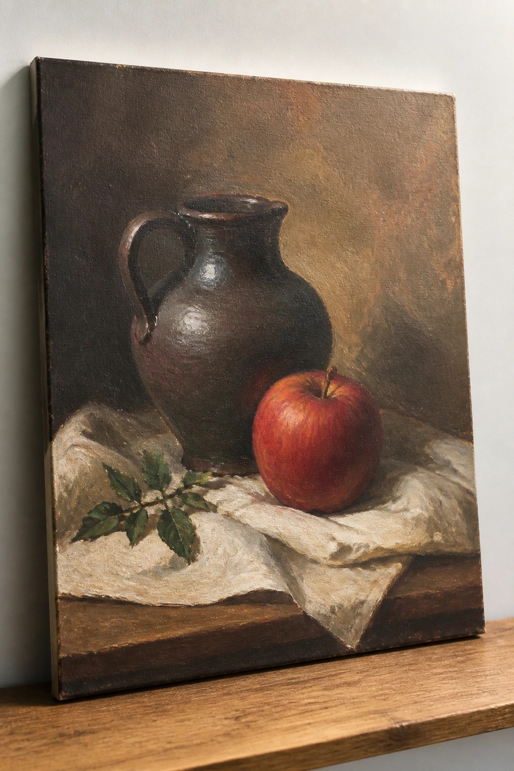 Oil painting of brown pitcher, red apple on white cloth with green leaves.