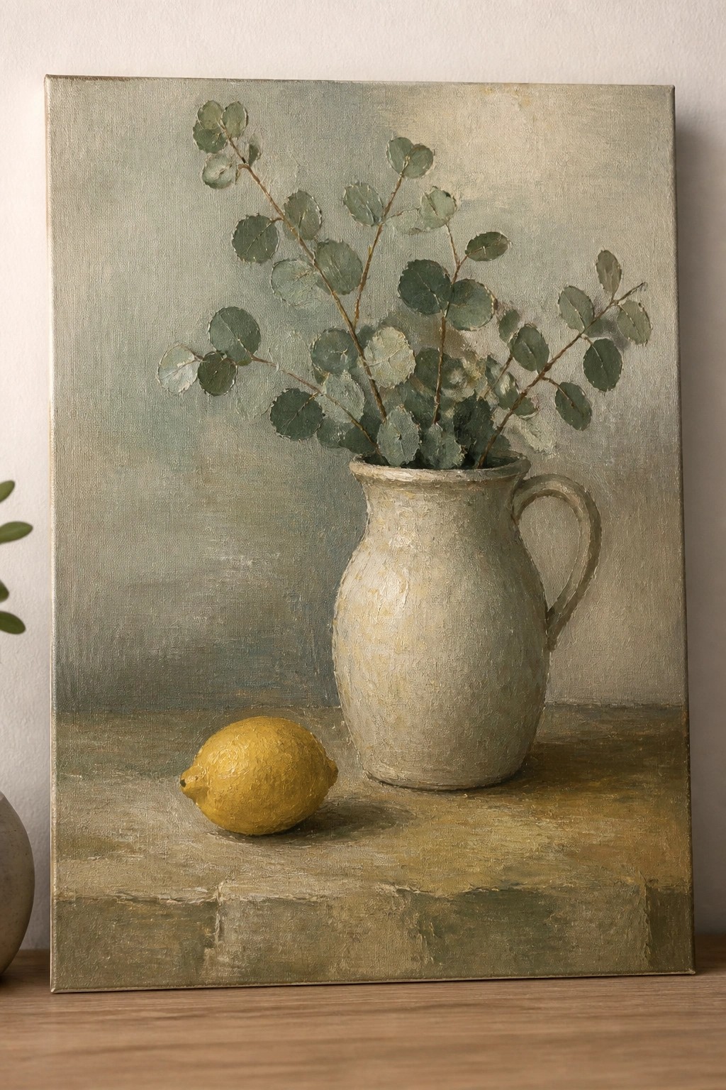 Still life painting of a yellow lemon beside a white pitcher with green branches.