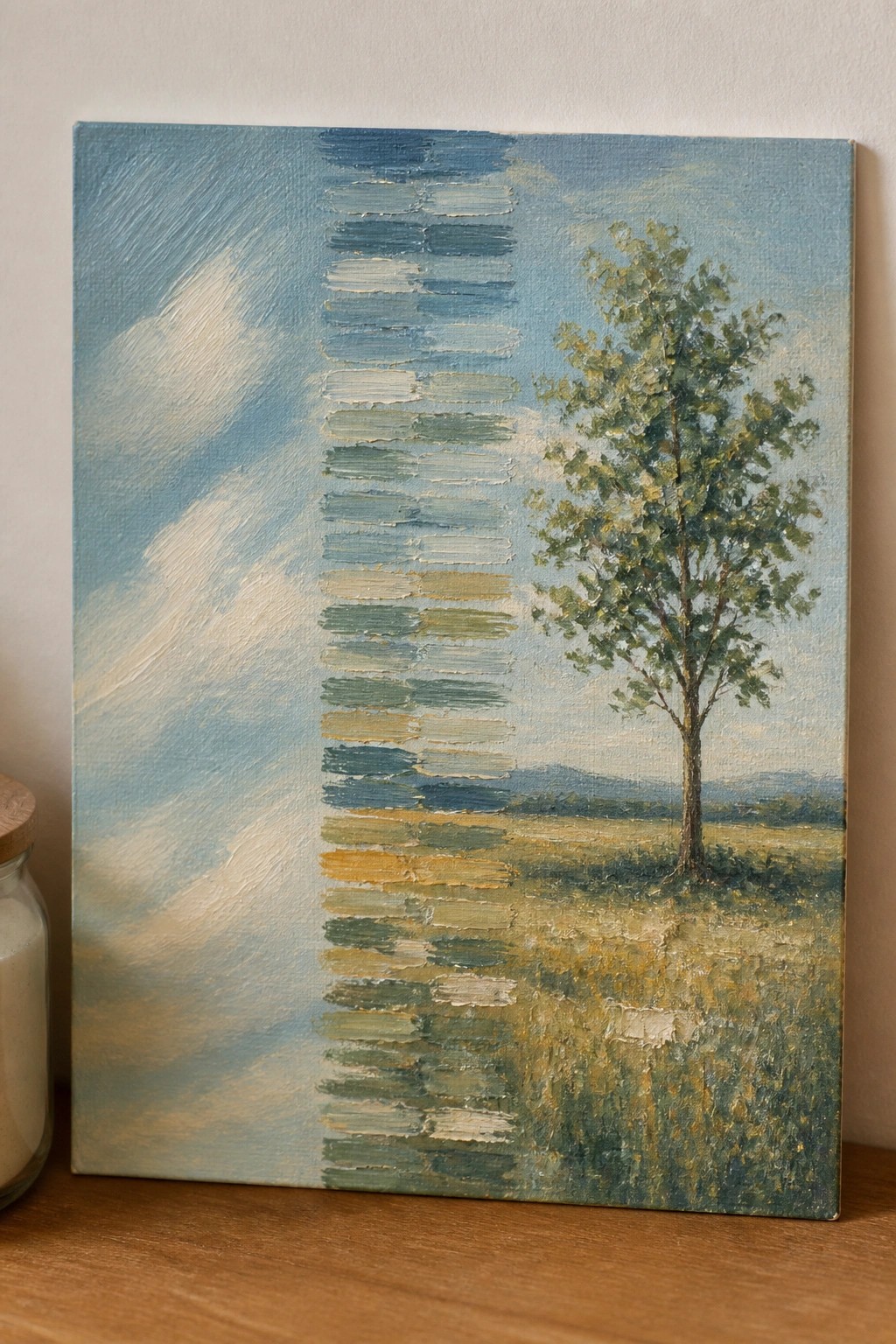 Impressionist painting of lone tree in field under blue sky with vertical textured stripes