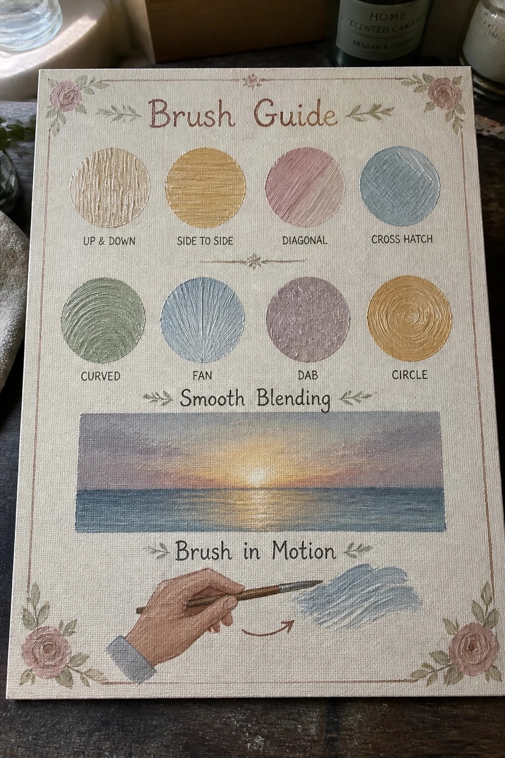 Floral-bordered canvas brush guide with colored stroke examples, blended sunset, and painting hand.