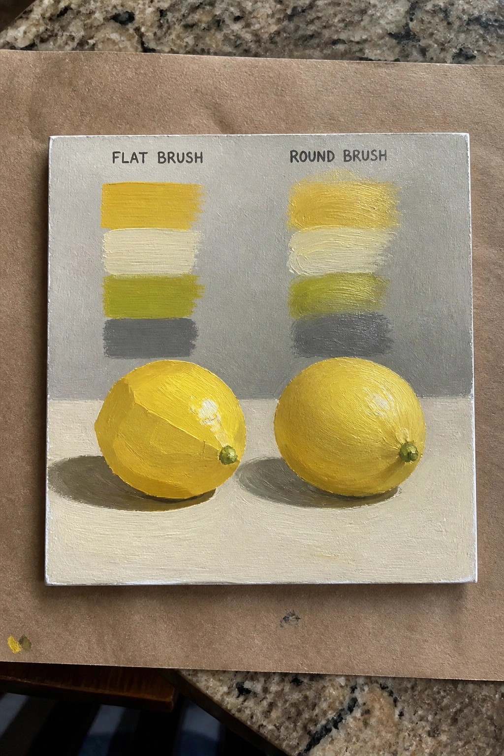 Two yellow lemons below flat and round brush color swatches on labeled canvas