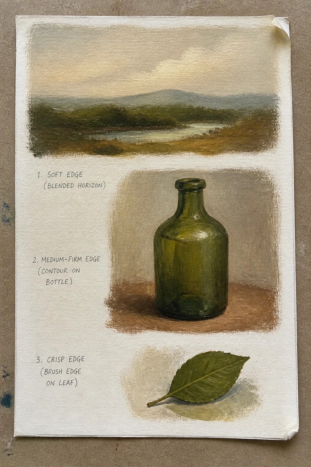 Painting study on paper with labeled soft-edge landscape, medium bottle, crisp leaf.