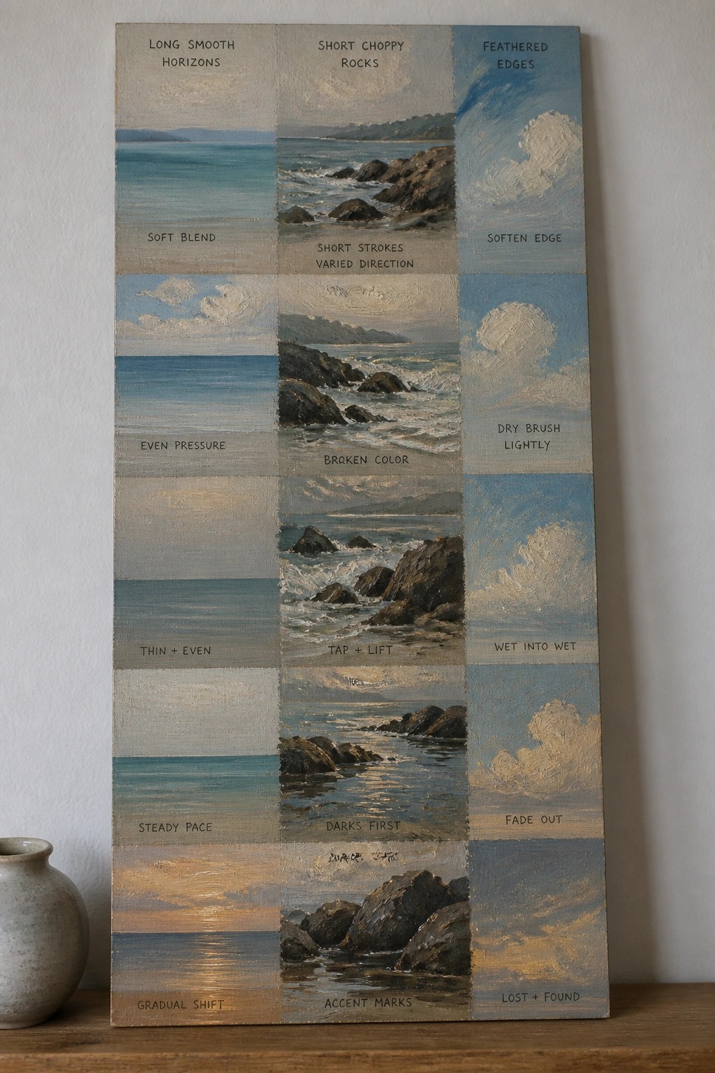 Grid of labeled seascape panels demonstrating painting techniques beside a ceramic vase