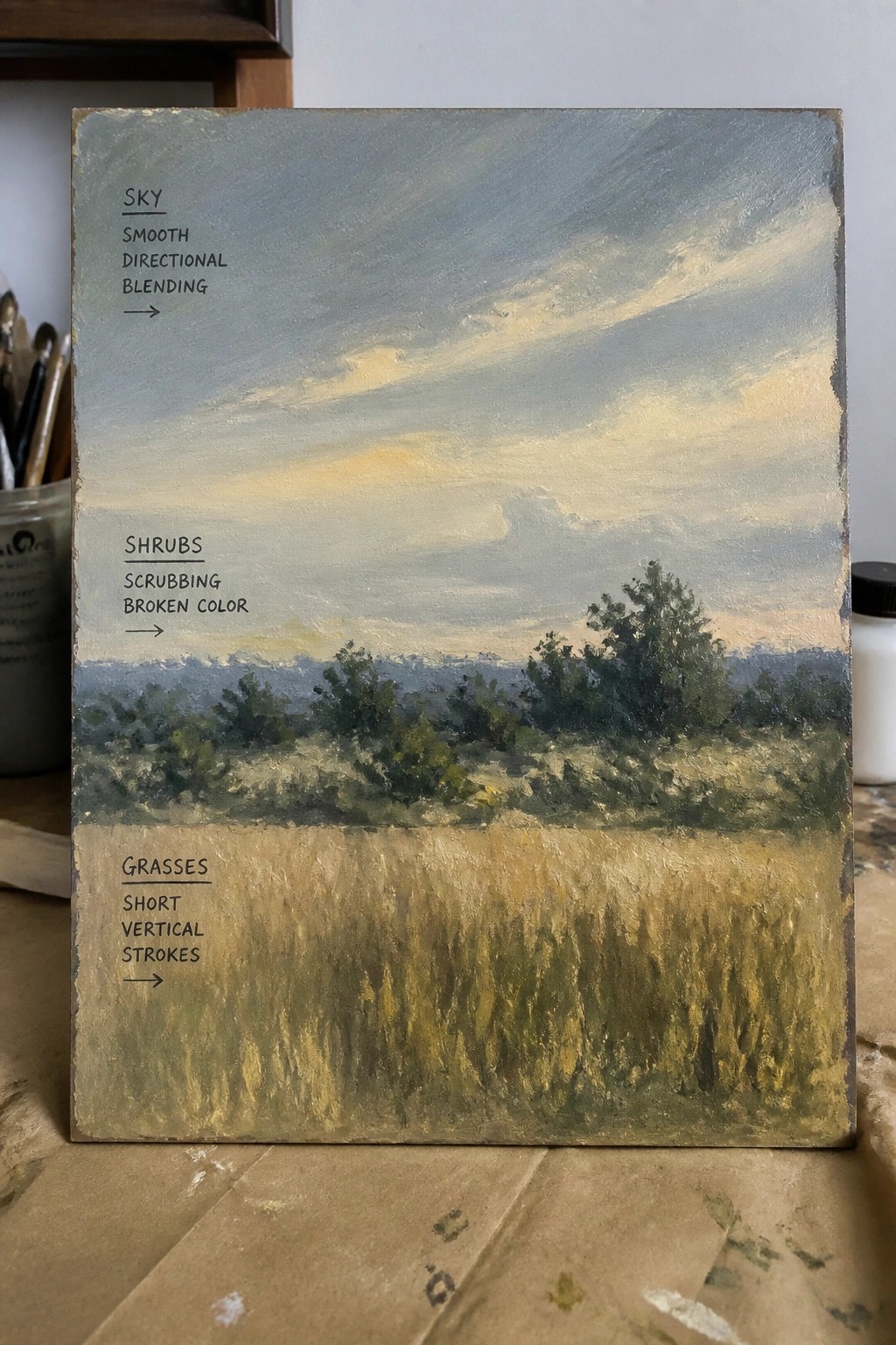 An oil painting on a board depicting a landscape with a blended sky, a band of shrubs, and a foreground field of grasses, with handwritten technique labels on the left side.