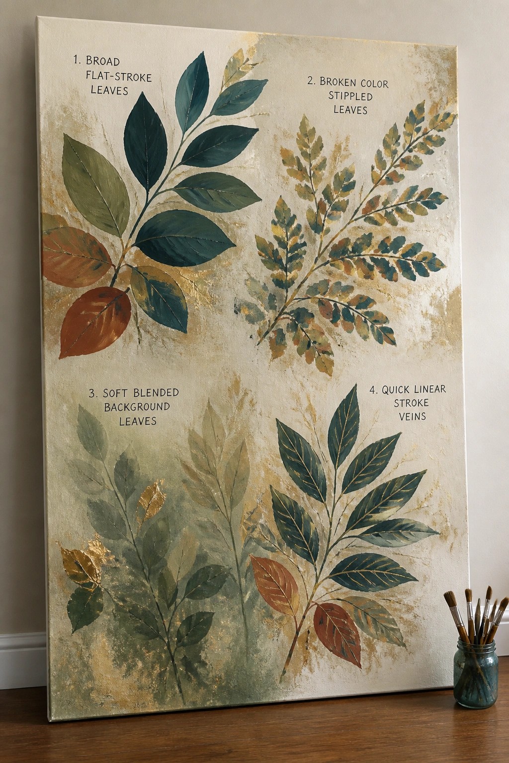 A canvas shows four labeled sections demonstrating different oil painting techniques for leaves, with a jar of brushes nearby.