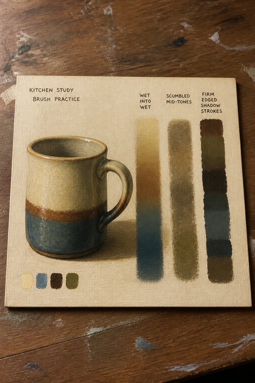 Ceramic mug painting with color gradients, shadow strokes, and technique labels on canvas