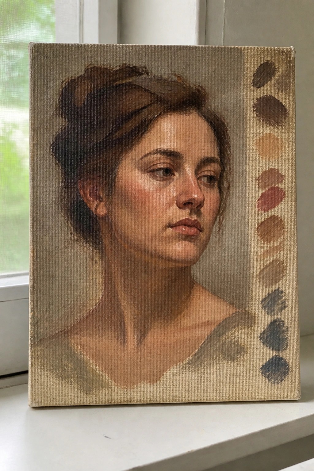 Oil portrait of woman with brown hair in bun beside color swatches on canvas.