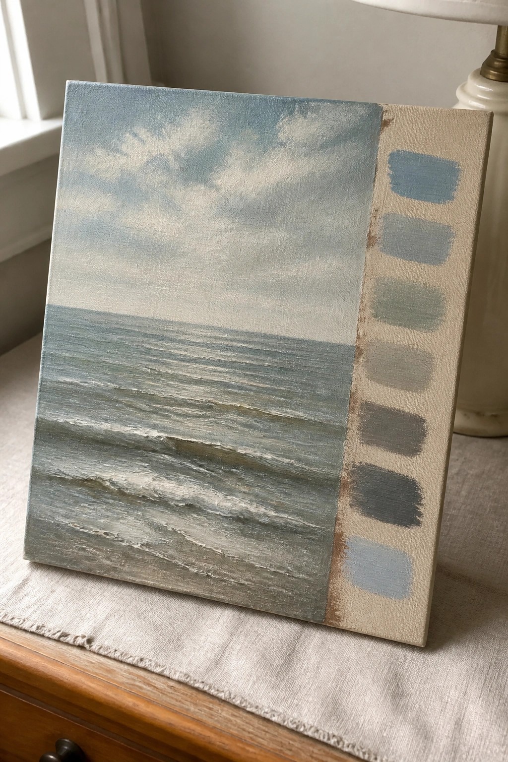 Seascape painting with cloudy sky, layered waves, and vertical blue-gray color swatches.