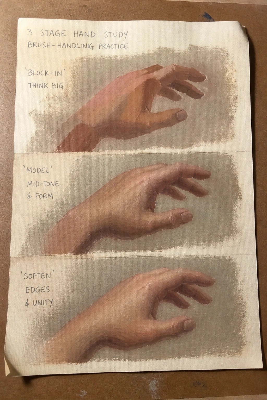 Three-stage hand study from block-in to mid-tones to softened edges on paper.