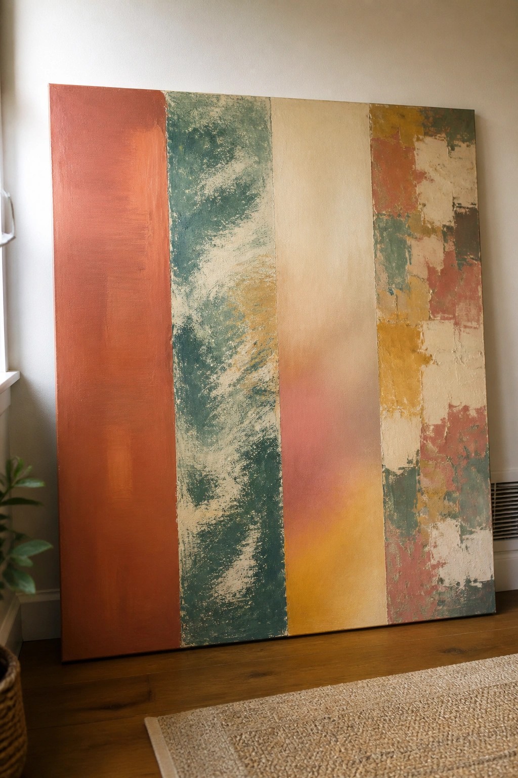Large abstract painting with textured vertical stripes in red, teal, beige, and yellow leaning on wall