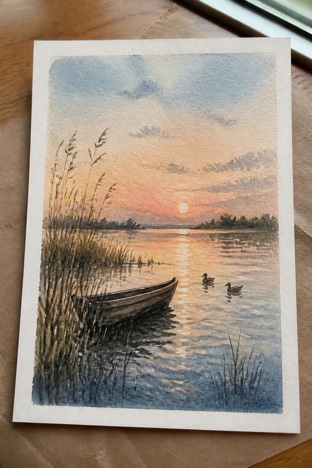 Watercolor of wooden boat by reeds on lake at sunset with two ducks