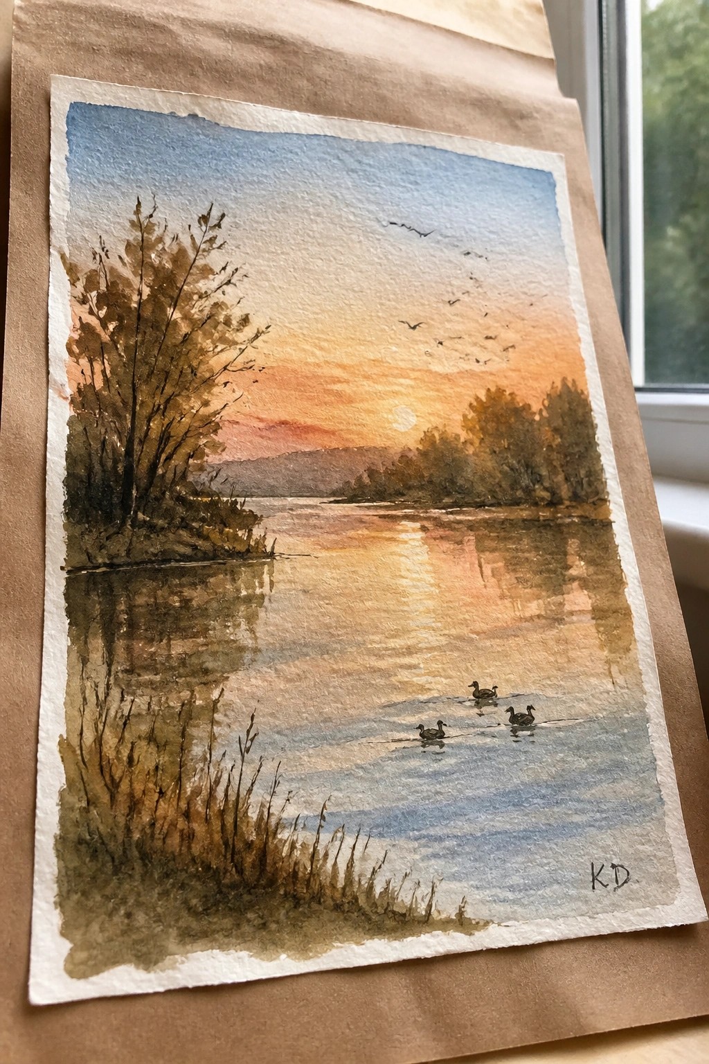 Watercolor sunset over reflective lake with silhouetted trees, flying birds, and swimming ducks.
