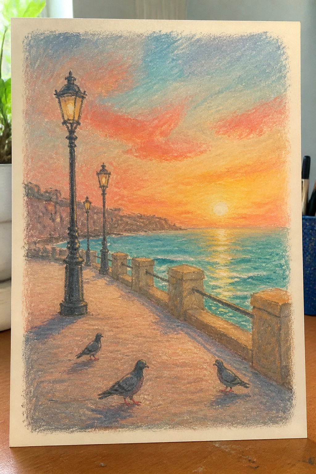 Pastel drawing of sunset promenade by sea with lampposts, stone railing, and three pigeons.