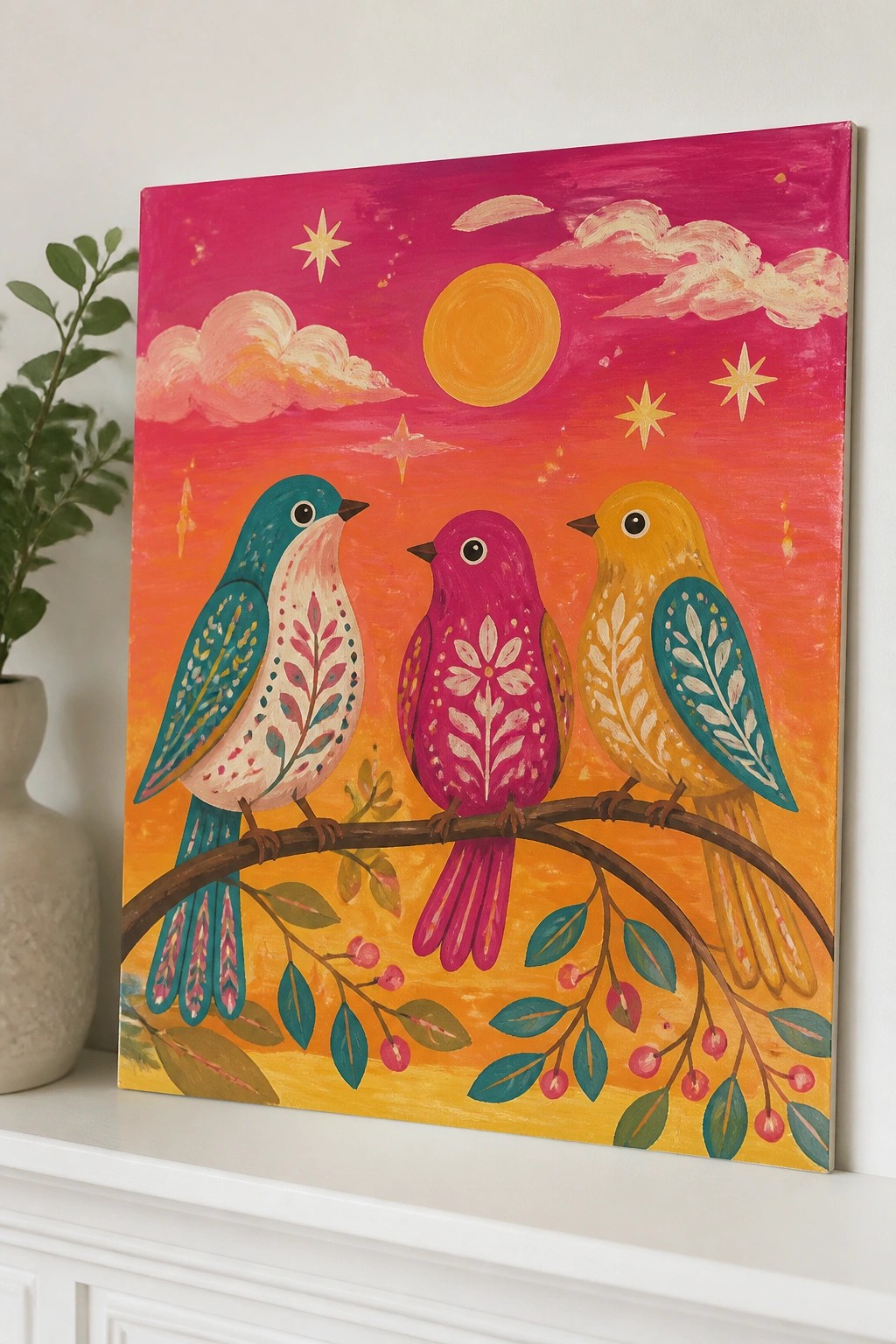 Three colorful birds perched on a branch against a vibrant pink-orange sunset sky