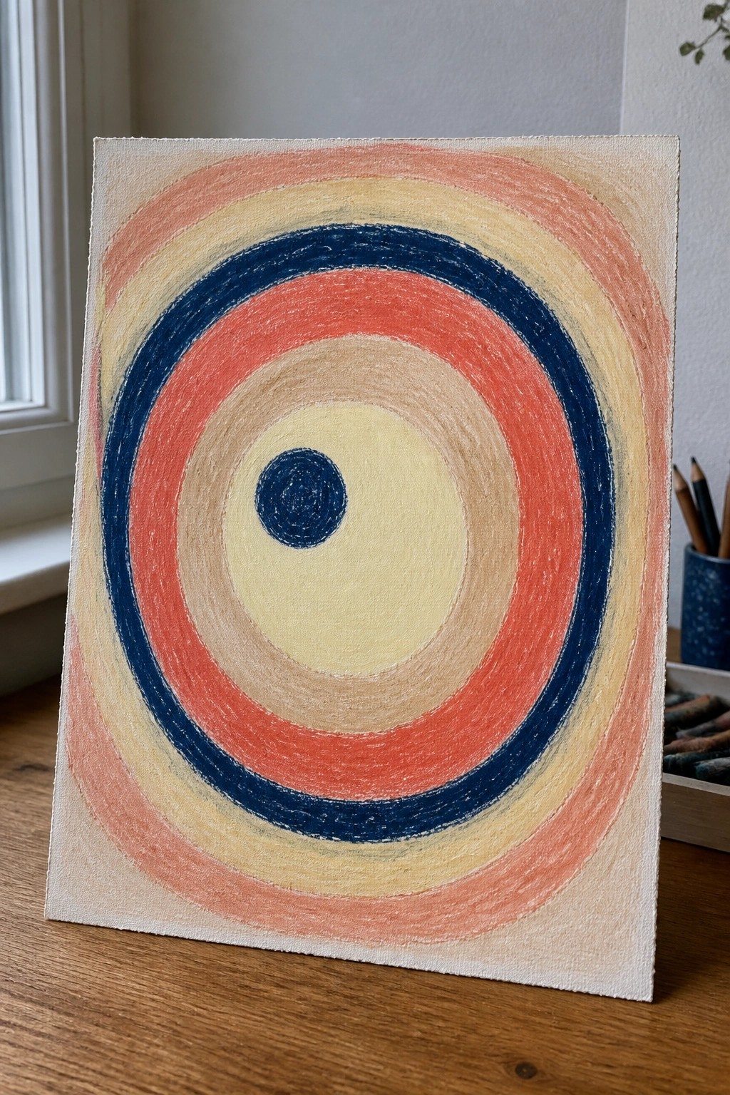 Concentric circles in blue, red, peach, and yellow on a canvas.