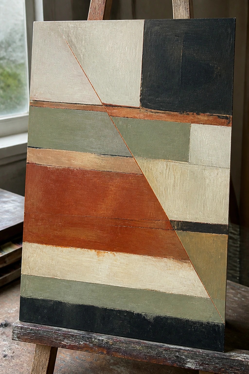 Abstract geometric painting on easel with earthy tones and diagonal divisions