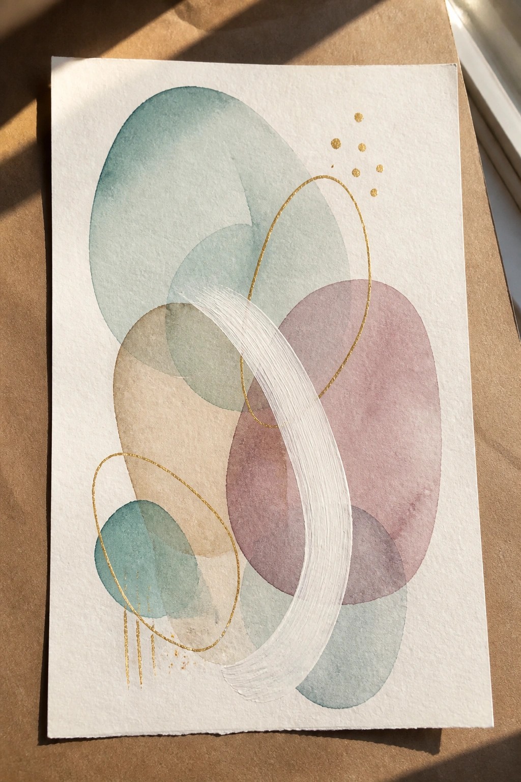 Abstract watercolor with overlapping teal, beige, and pink shapes, gold accents, white stroke.