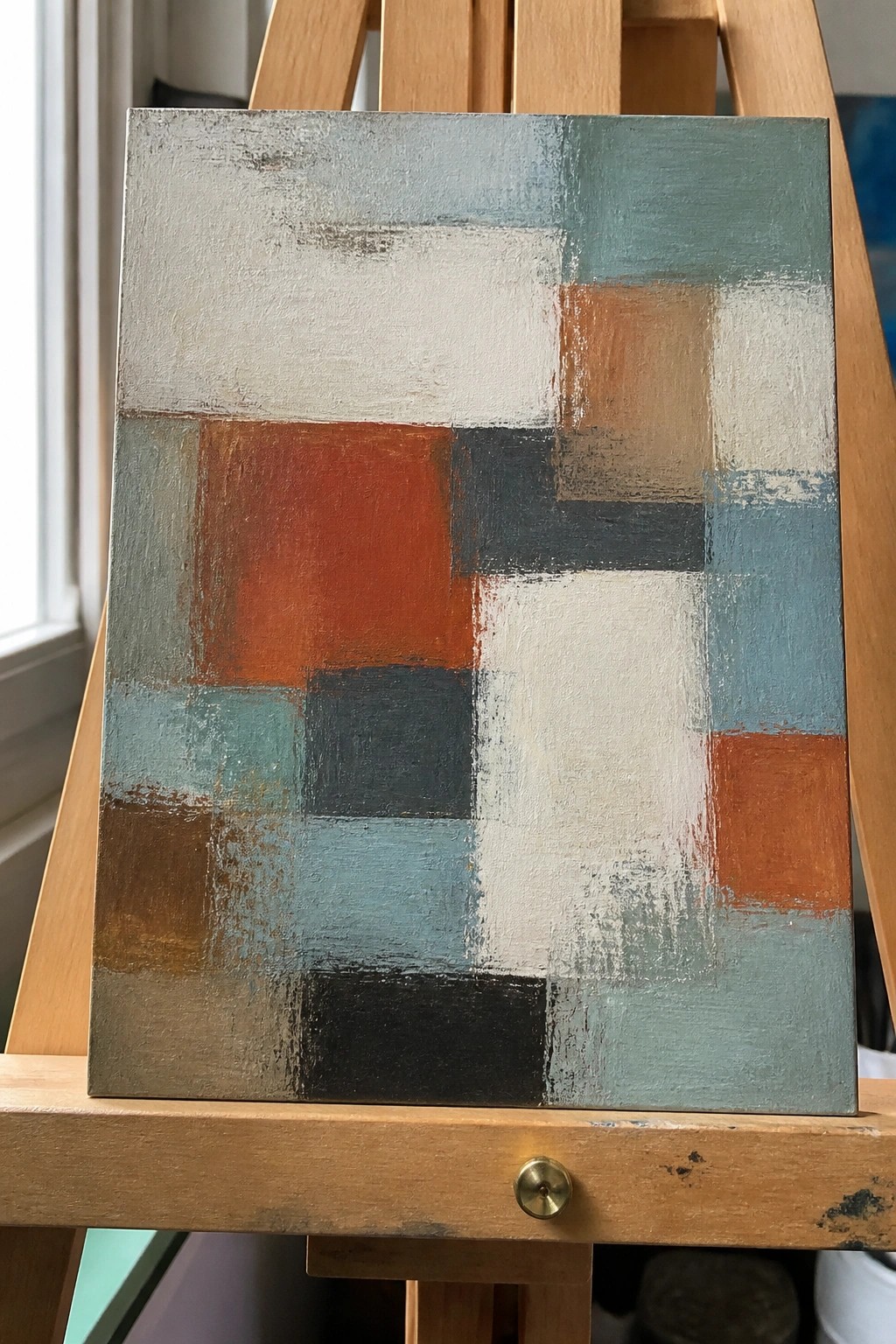 Abstract painting with geometric blocks of teal, orange, gray, and brown on easel