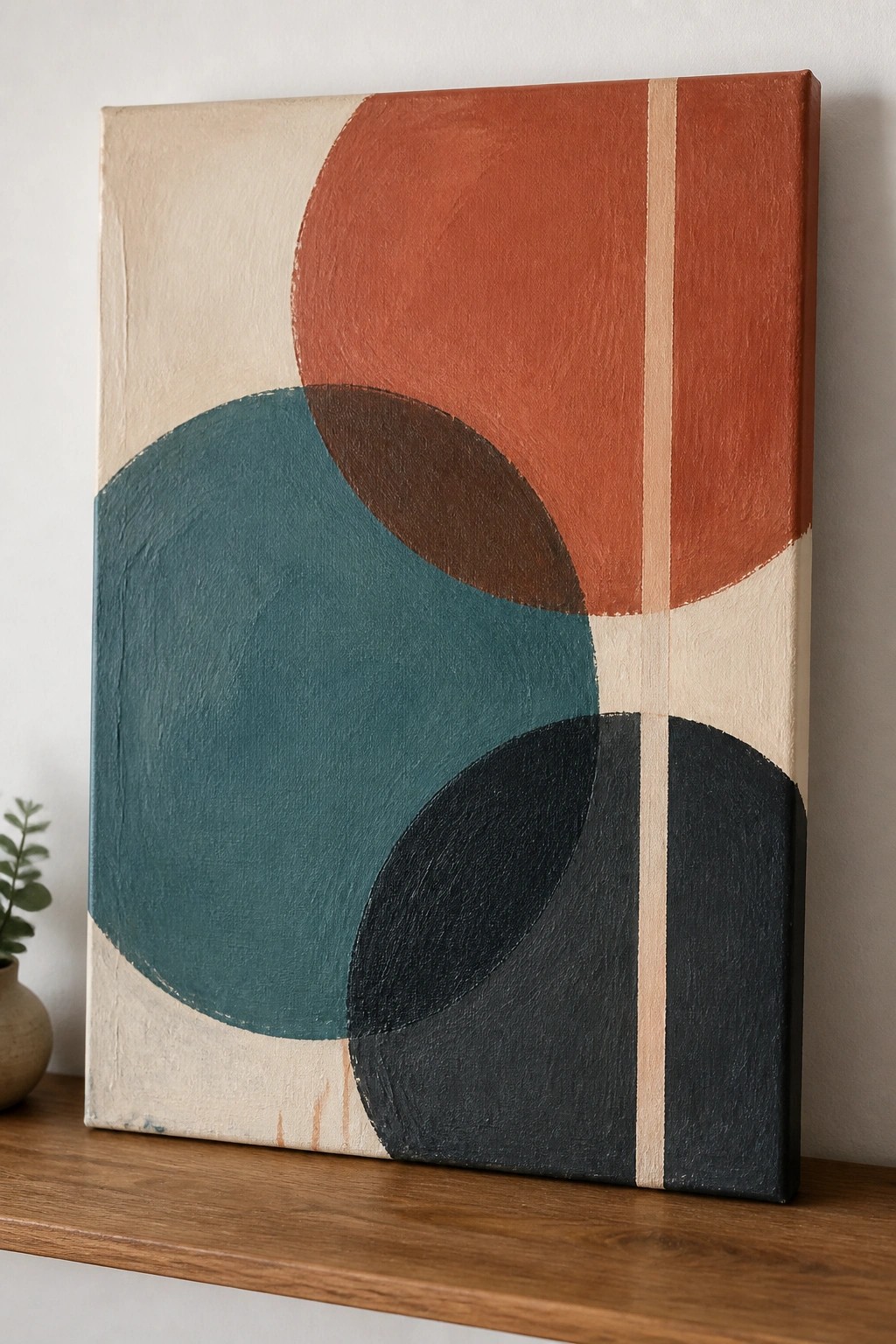 Abstract painting with overlapping teal, rust, black, and beige circles on canvas
