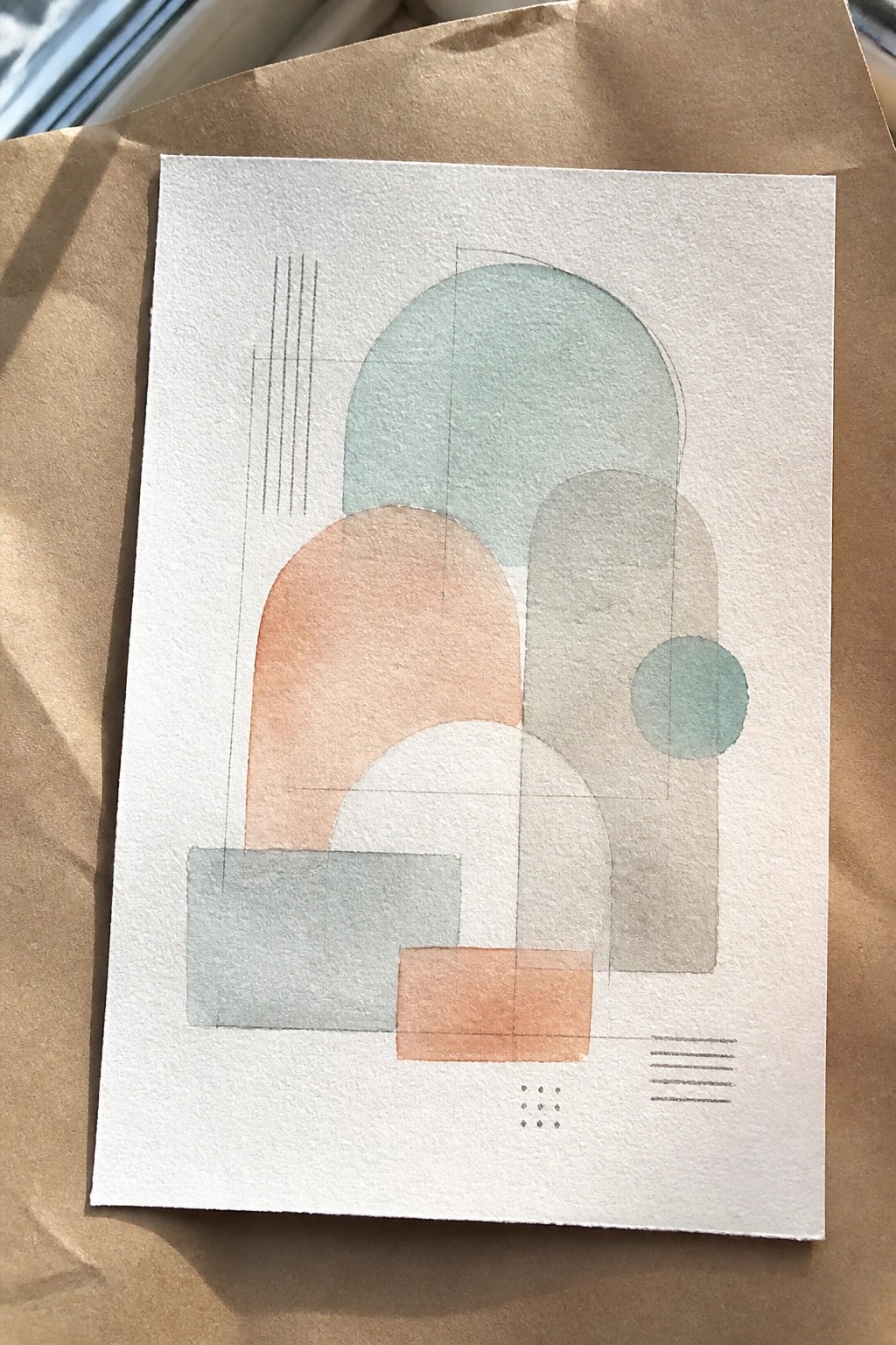 Abstract watercolor with overlapping teal and peach arches, circles, lines, and dots.