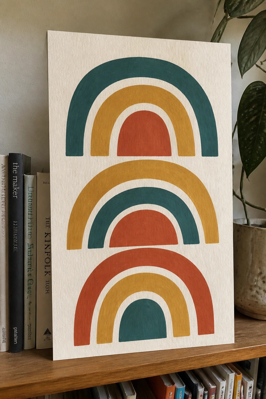 Colorful arched rainbow artwork in teal, gold, and terracotta on wooden bookshelf with books.