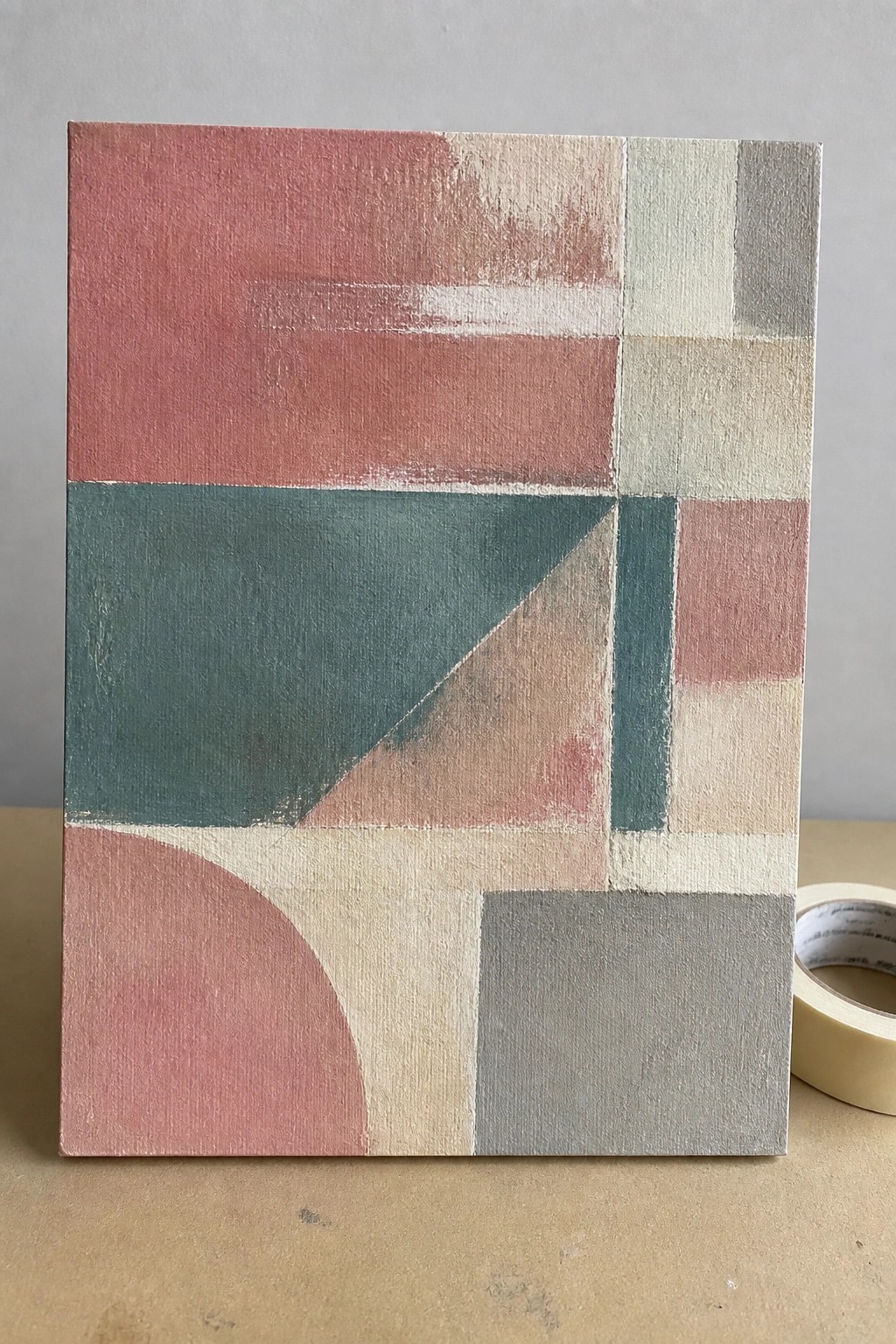 Abstract canvas with geometric shapes in pink, teal, beige, and gray tones