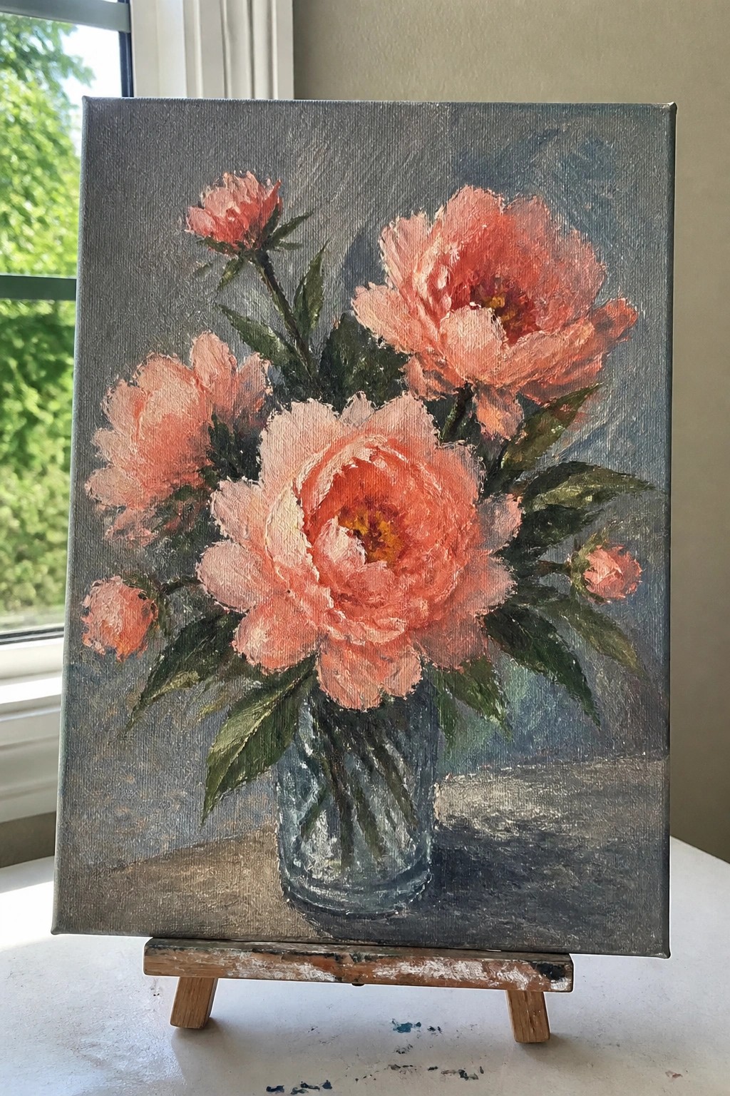 Oil painting of coral peonies in glass vase on wooden easel