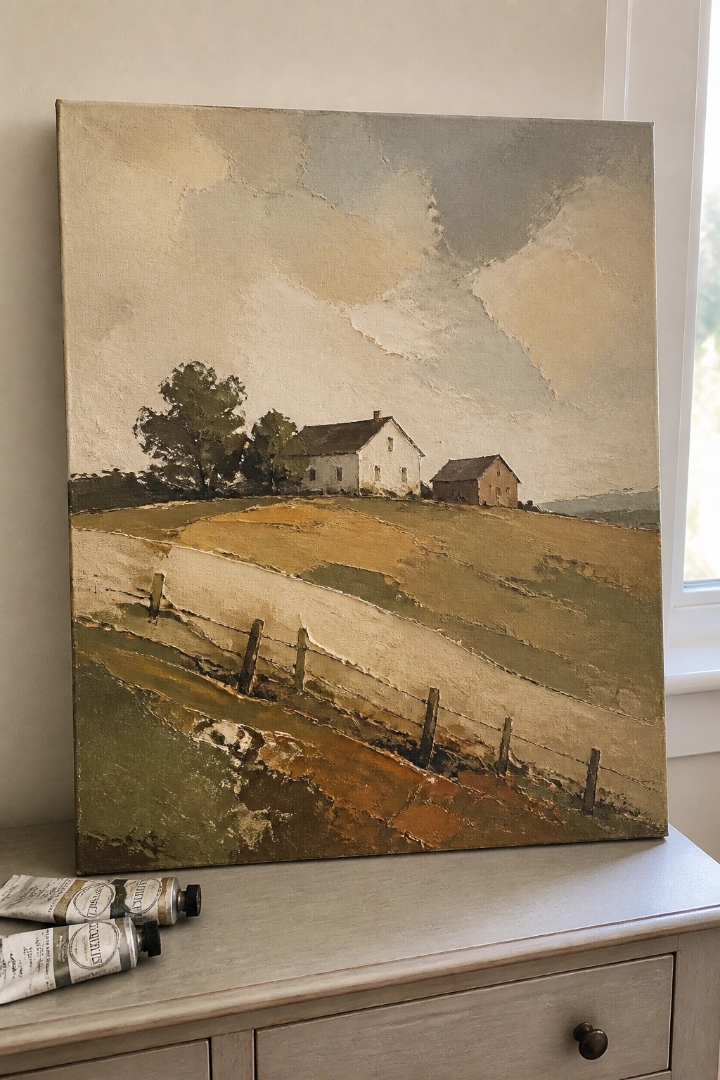 Oil painting of rural landscape with farmhouse, fields, and fence beside paint tubes