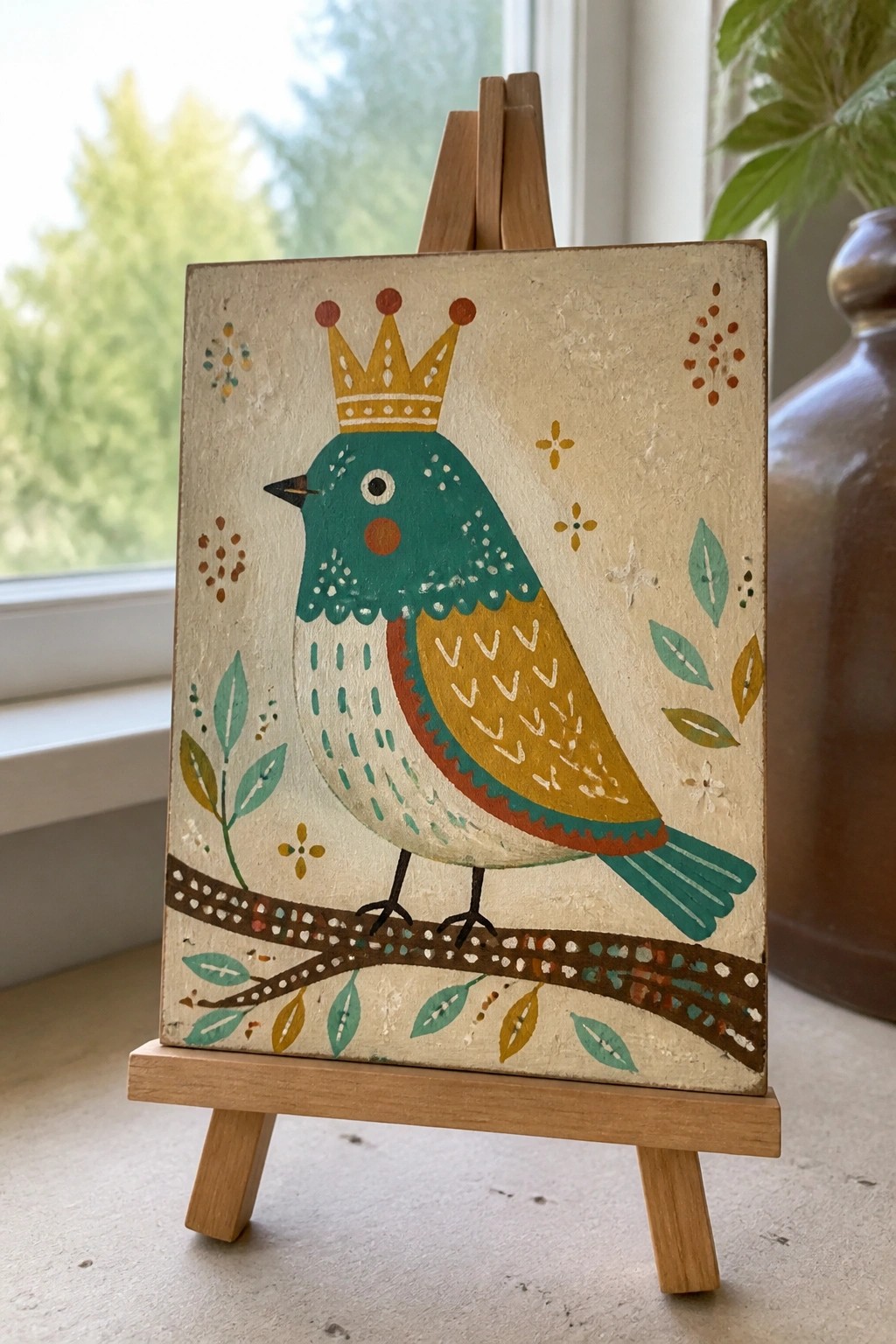 Folk art painting of crowned teal bird with yellow wing on wooden easel.