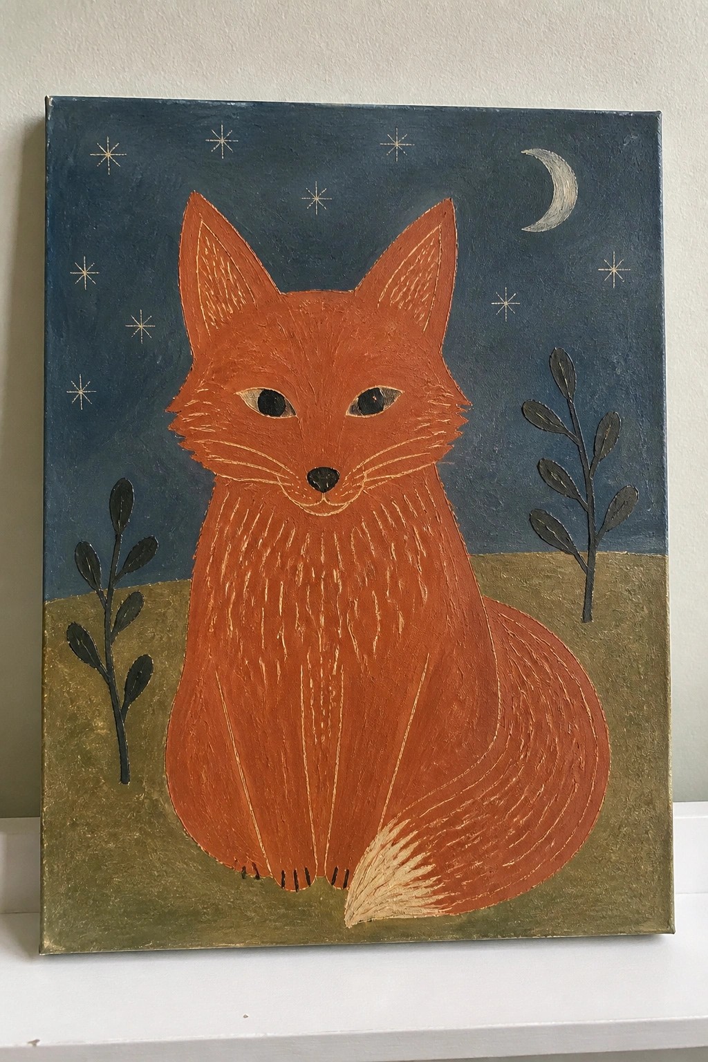 Orange fox sitting in field under starry night sky with crescent moon and plants