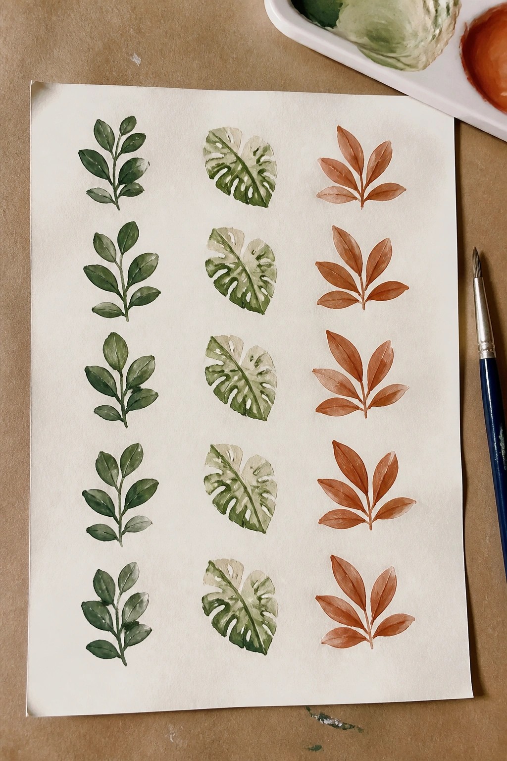 Watercolor leaf studies in green and rust tones on paper beside palette and brush