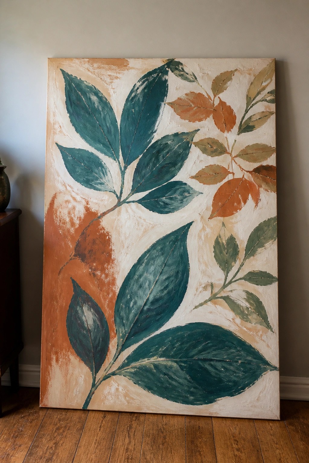 Large abstract painting of teal and orange leaves on beige canvas against wall on wood floor