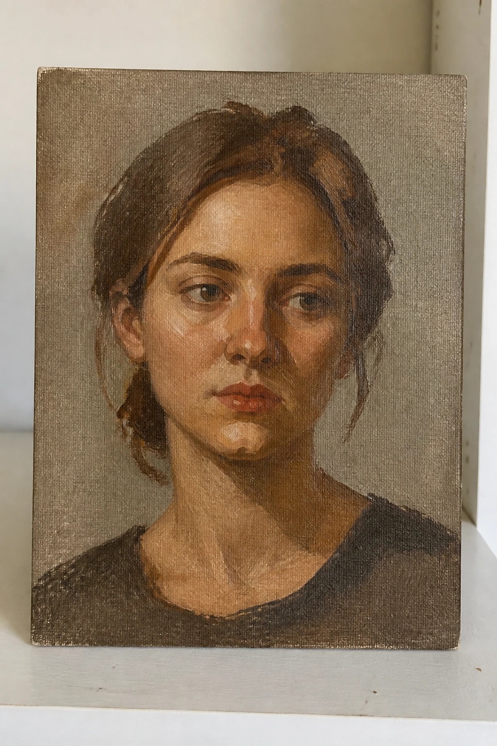 Oil painting of a young woman with brown hair and neutral expression on canvas