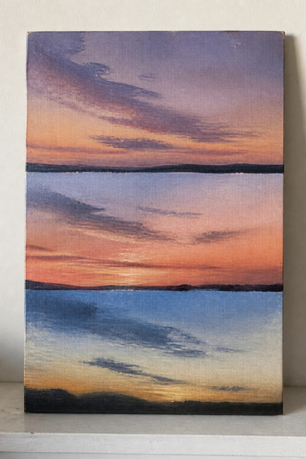 Three stacked sunset scenes with orange-purple skies reflected in blue water.