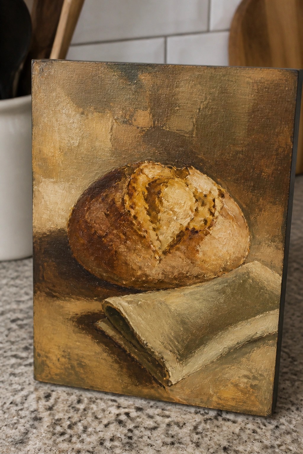 Rustic bread loaf on folded cloth against textured gold and brown painted background.