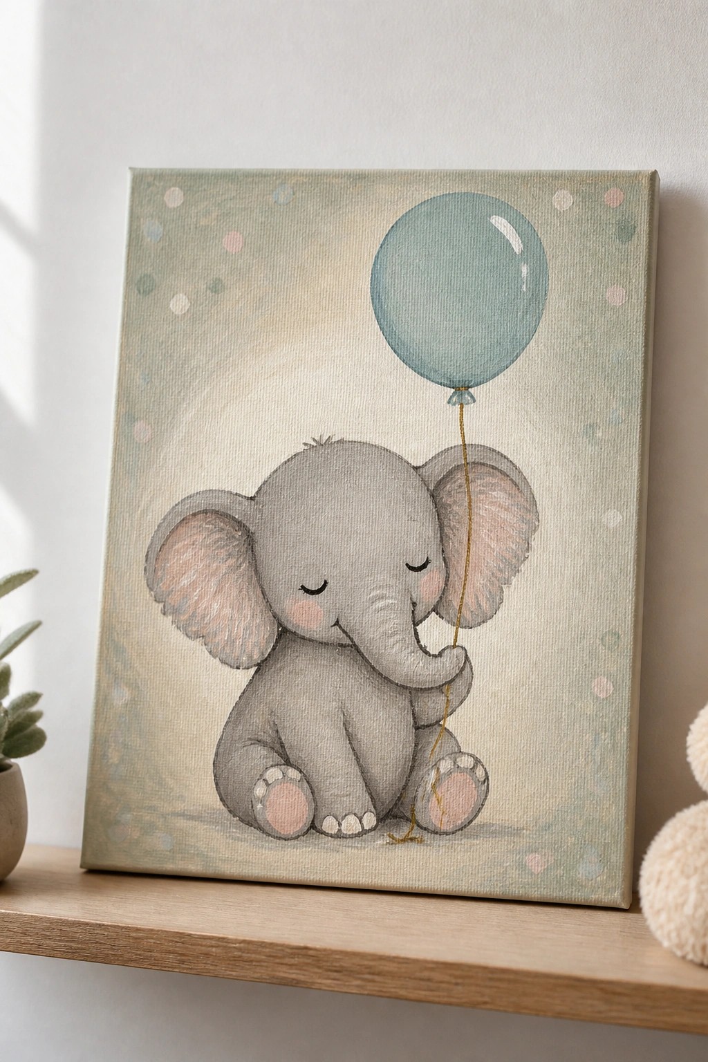 Pastel painting of a baby elephant holding a teal balloon on canvas