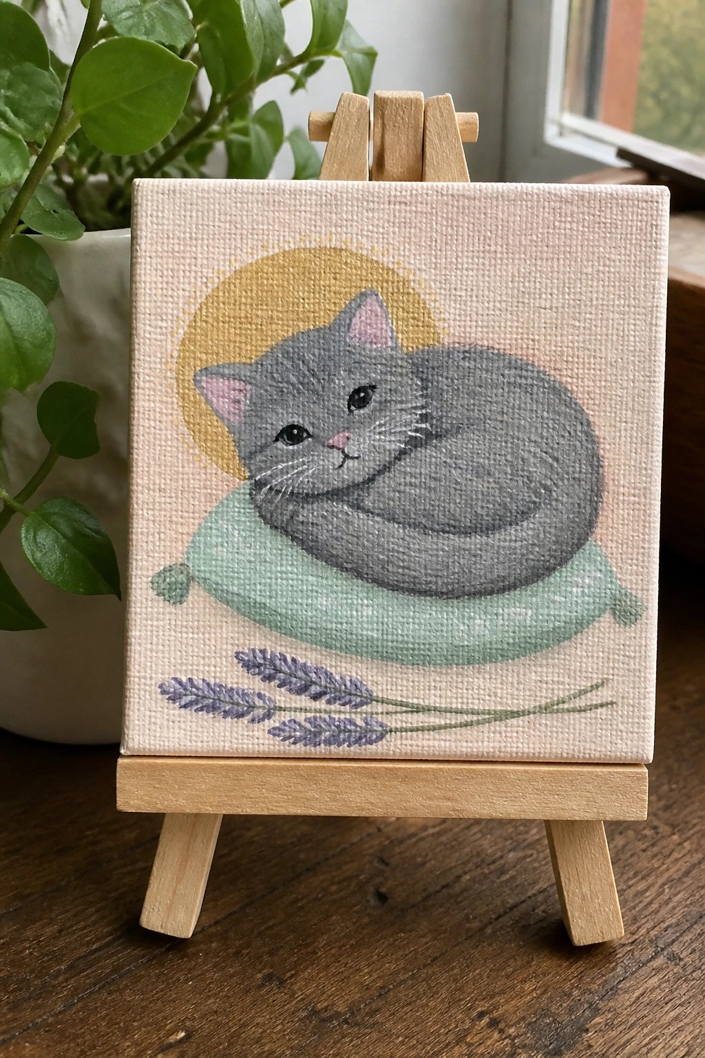 Gray cat curled on mint pillow with yellow sun and lavender on wooden easel