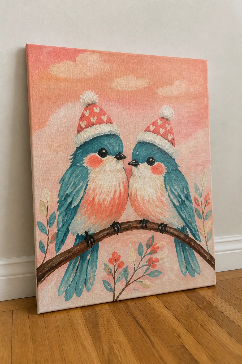 Two blue birds in red heart hats perch on a branch against pink sky.