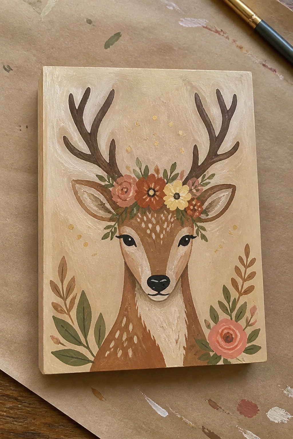 Acrylic painting of deer with floral crown, antlers, and gold dots on canvas