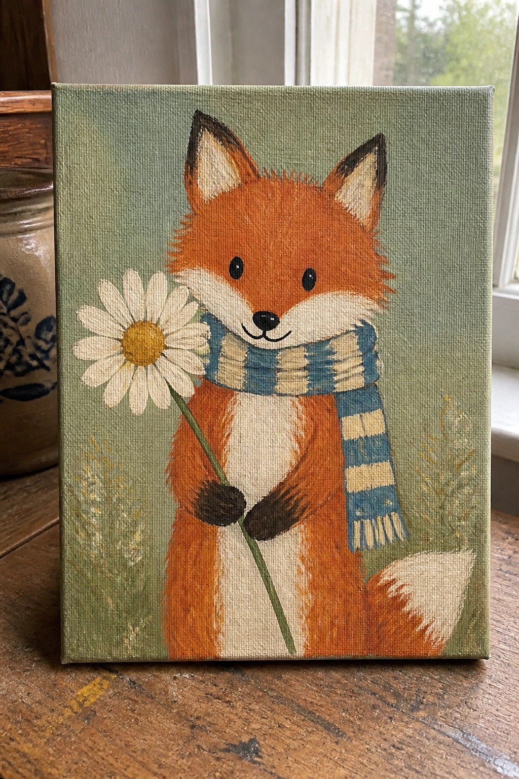 Orange fox in blue striped scarf holding daisy on green canvas painting