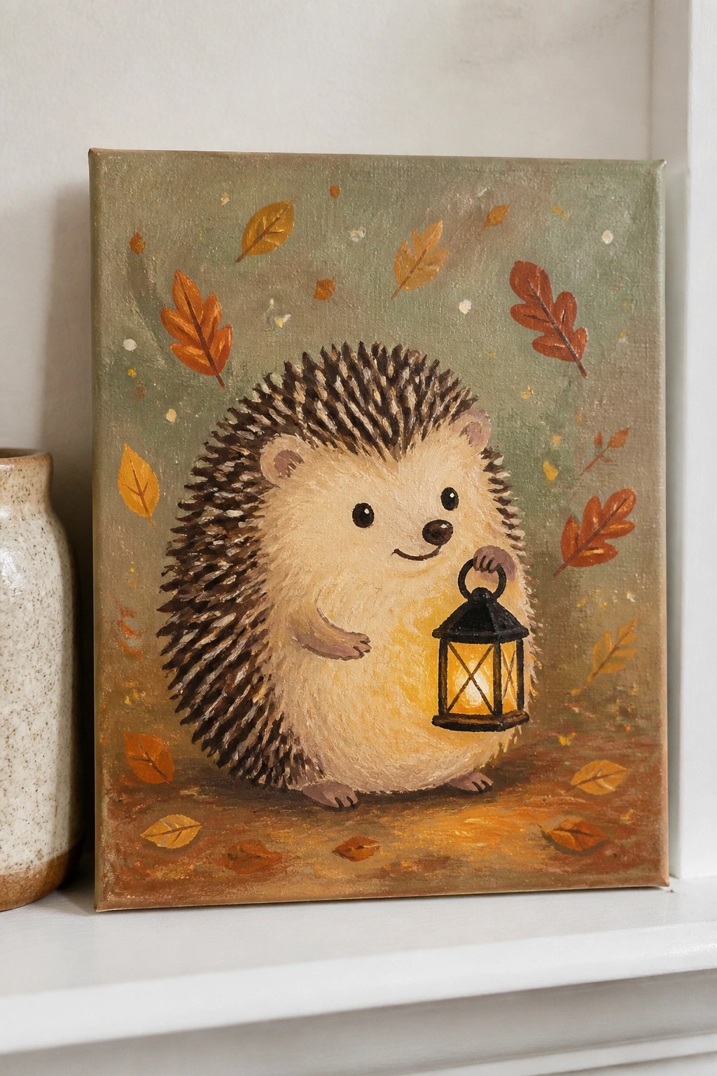 Cute hedgehog holding glowing lantern amid falling autumn leaves on canvas.