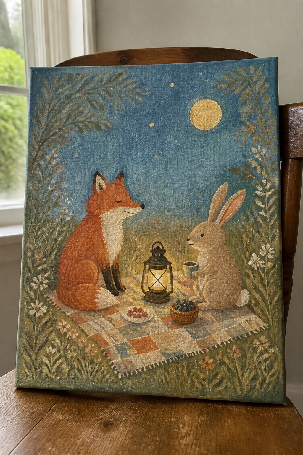 Fox and rabbit picnicking by lantern under full moon on checkered blanket.