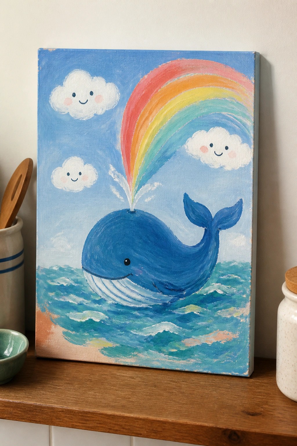 Colorful painting of smiling blue whale spouting rainbow over ocean with happy clouds.