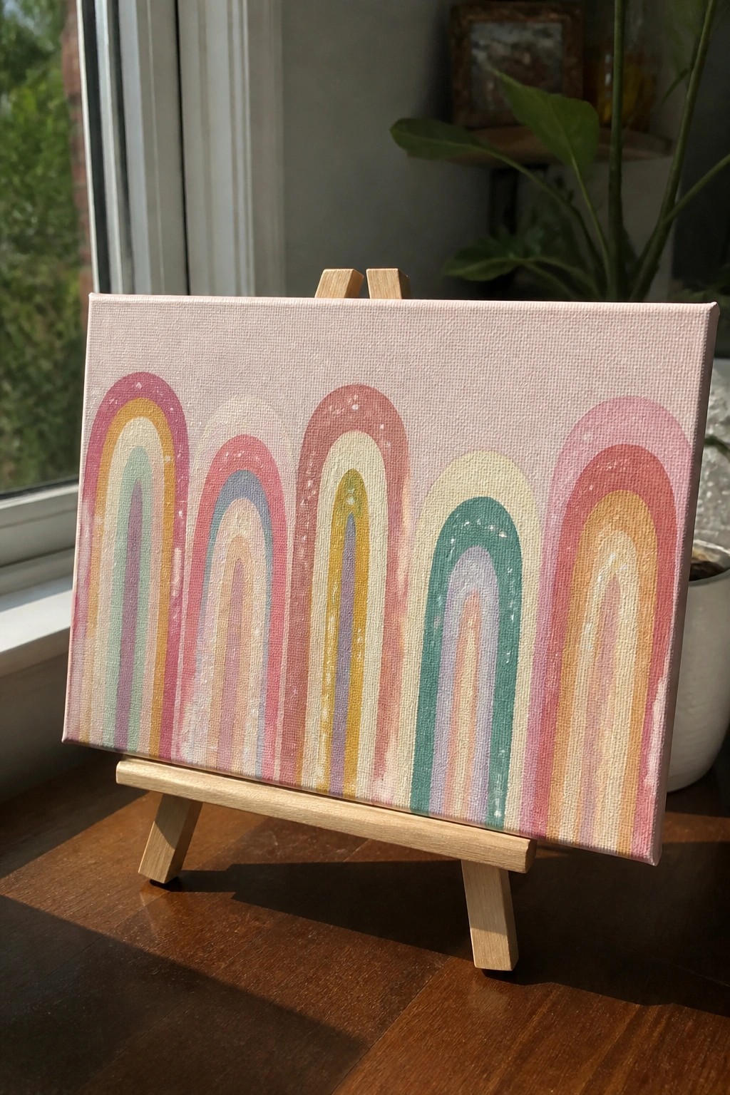 A small canvas on a wooden easel displays multiple rows of colorful rainbow arches on a light pink background.